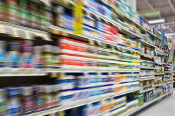 Motion blurred background of unidentified products in a supermarket