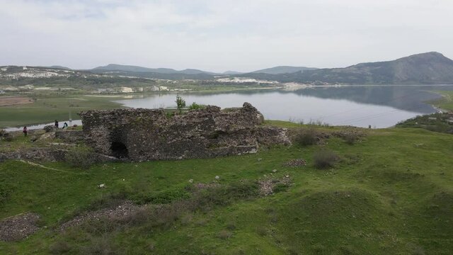 Aerial view of Ruins of ancient Vishegrad Fortress on the southern coast of Studen Kladenets reservoir near town of Kardzhali, Bulgaria