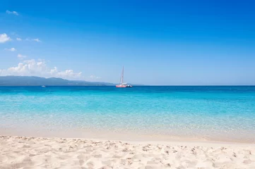 Printed kitchen splashbacks Bora Bora, French Polynesia Tropical white sand beach and the turquoise sea on Caribbean island. 
