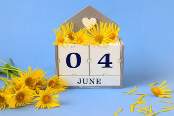 Calendar for June 4: cubes with the numbers 0 and 4 , the name of the month of June in English,...