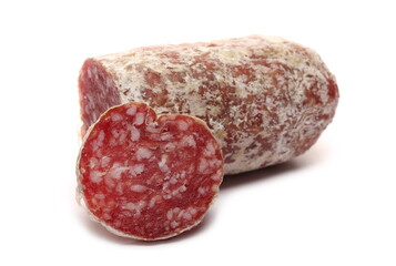 Fermented semi-hard dried sliced sausage, pig meat isolated on white background