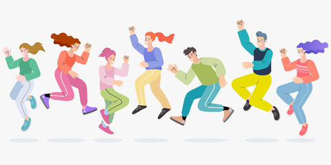 Group of happy people jumping. happiness, freedom, motion, diversity and people concept. Friendship, healthy lifestyle, success. Vector illustration in a flat style
