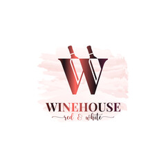 Wine bottles logo. Letter W logo watercolor wine