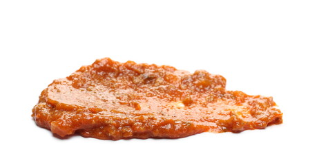 Sauce with beef meat, tomatoes and onions, Italian dish isolated on white background