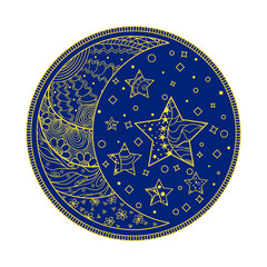 Circle mandala. Line background. Hand drawn lines. Zentangle. Half moon and stars. Doodle for design. Design for spiritual relaxation for adults