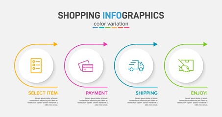 Concept of shopping process with 4 successive steps. Four colorful graphic elements. Timeline design for brochure, presentation, web site. Infographic design layout.