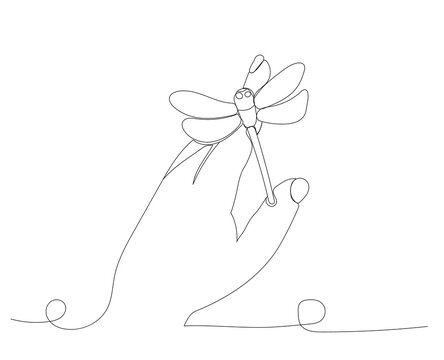 dragonfly sitting on hand one line drawing, sketch, vector, isolated
