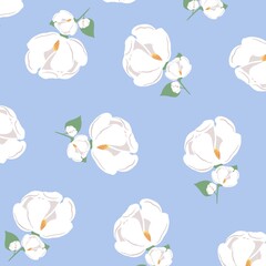 Pattern of white peonies on a blue background. Flower branches illustration.