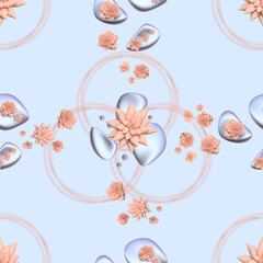 Seamless pattern with cream tropical flowers, rings, pearls and silvery soft shapes on a blue background. 3d illustration