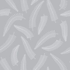 Tropical fern leaves white outline drawing seamless pattern. Gray background. Jungle foliage line art texture. Stock vector illustration.