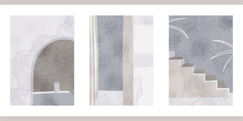 Set of three abstract graphic aesthetic backgrounds with stairs, arc, leaves in Boho style. Trendy vector illustration in gray colors for wall decoration, postcard or brochure, social media.