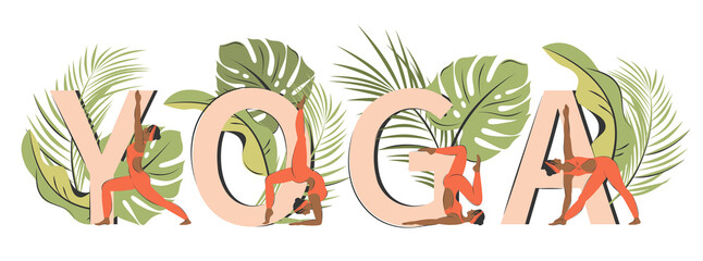 Yoga poses set near letters. African-american woman doing various yoga exercises and stretching. Character demonstrating various yoga positions. Vector illustration in a flat style