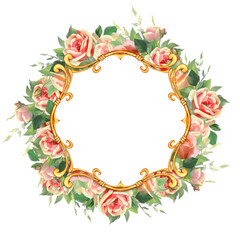 Floral Wedding frame. Element for elegant card design. Golden frame with roses