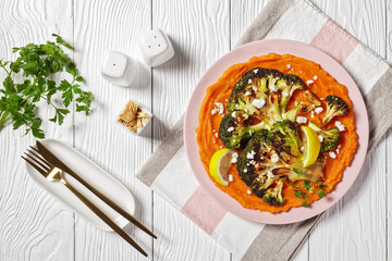 grilled broccoli steaks with puree and feta
