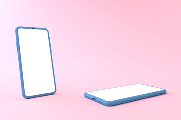 3D rendering of mockup blue smartphone white screen on pink floor, blue Mobile phone tilted and lay down on the ground. Smartphone white screen can be used for advertising,Isolated on pink background.
