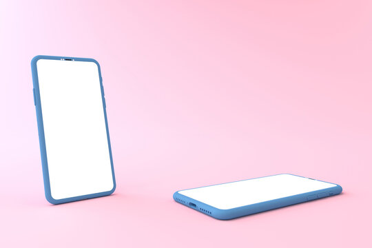 3D Rendering Of Mockup Blue Smartphone White Screen On Pink Floor, Blue Mobile Phone Tilted And Lay Down On The Ground. Smartphone White Screen Can Be Used For Advertising,Isolated On Pink Background.