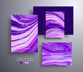Beautiful set of wedding invitations with stone pattern. Mineral vector covers with marble effect and place for text, purple, pink and navy blue colors. Designed for posters, packaging and etc.
