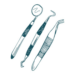 Set for Dentistry Inspection on a Doodle hand draw style. Professional Dental Oral Care Stainless Steel Tools.