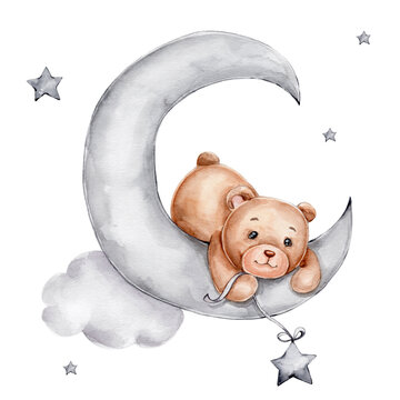 Teddy bear on the moon and grey stars; watercolor hand drawn illustration; can be used for baby shower or kid poster; with white isolated background