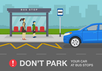 Passengers waiting for transit on a city bus stop. Do not park your car at bus stops warning design. Flat vector illustration template.