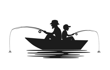 father and son fishing on boat on a lake silhouette