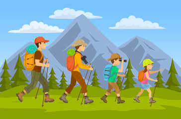 man,woman, children, family hikers traveling trekking with backpacks in mountains forest cartoon vector illustration