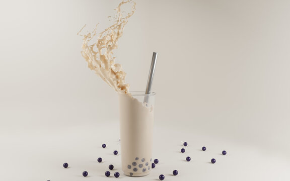Bubble tea drink glass cup with tapioca or boba, straw, splash and wave. Milkshake with blueberry and delicious fruit balls, cold chocolate cocktail or smoothie on almond milk, 3d illustration