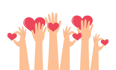 Banner hands with red heart for charity, help human or friends.