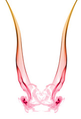 Colorful abstract Swirls of smoke from red to orange against a white background that resemble a mountain goat horns