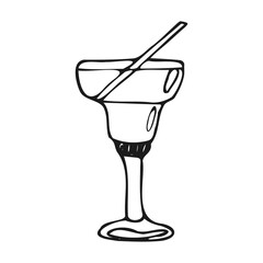 Cocktail. Alcoholic and non-alcoholic drink. Doodle style, rough drawn simple outline, bar menu. Vector drawing in dark colors.
