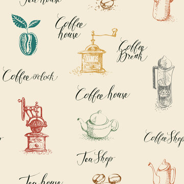 Vector seamless pattern with teapots, coffee beans, coffee grinders. Hand-drawn background on a tea and coffee theme with colored sketches and black inscriptions on a light backdrop