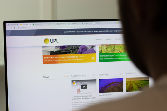 New York, USA - 1 May 2021: UPL United Phosphorus company website on screen, Illustrative Editorial.