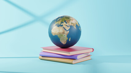 Education concept. 3d of books and world on blue background. Modern flat design isometric concept of Education. Back to school.