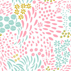 Vector organic seamless abstract background, botanical motif, freehand doodles pattern with stylized flowers, leaves, berries and simple shapes.