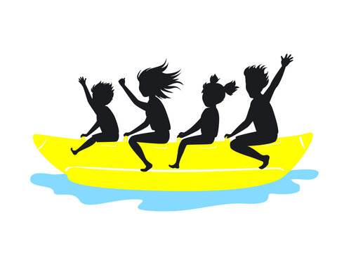 Family riding banana boat silhouette vector illustration