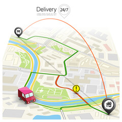 City map delivery navigation route, point markers delivery van, drawing schema itinerary delivery car, city plan GPS navigation itinerary destination arrow city map. Route check point business graphic