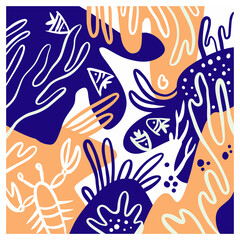 Beautiful coral and sea fish pattern designs for fabrics and wall painting prints. Design background for invitation card graphics and coral posters. Vector drawing and illustration.