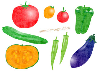 夏野菜のイラストセット（トマト,ミニトマト,ピーマン,オクラ,きゅうり,カボチャ,ナス）