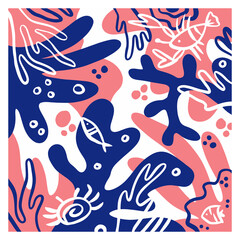 Naklejka premium Beautiful coral and sea fish pattern designs for fabrics and wall painting prints. Design background for invitation card graphics and coral posters. Vector drawing and illustration.