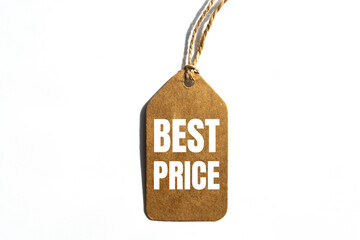 Brown tag on white background. Top view, copy space. Hang tag with text 