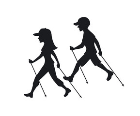 man and woman nordic walking, exercising silhouettes