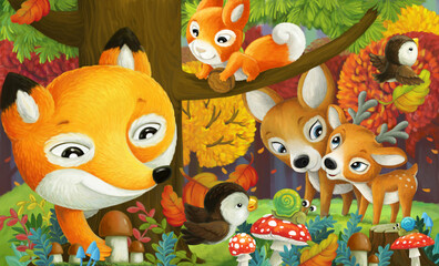Naklejka premium cartoon scene forest animals friends having fun