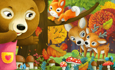 cartoon scene forest animals friends having fun