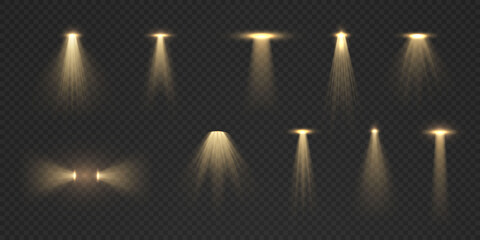 Light spotlight vector isolated on transparent background. Collection of vector light flashes. Light natural rays of light of golden color. Vector illustration.