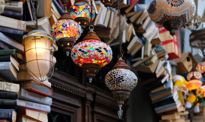 Traditional vintage turkish lamp. Oriental lamp from pieces of multi-colored glass. Colorful...