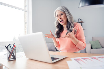 Photo of unhappy crazy angry old woman scream laptop overworked bad mood sit table indoors inside house