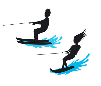 man and woman riding waterski and wakeboard silhouette isolated  vector illustration