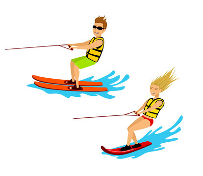 man and woman riding waterski and wakeboard isolated cartoon vector illustration