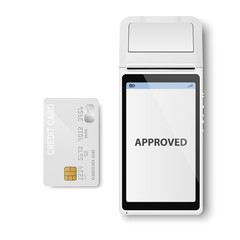 Vector Realistic White 3d Payment Machine. POS Terminal, Credit Card Closeup Isolated. Approved Payment. Design Template of Bank Payment Terminal, Mockup. Processing NFC Payments Device. Top View
