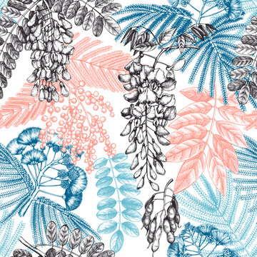 Floral backdrop with hand-sketched trees in flowers. Vintage background with blooming wisteria, mimosa, albizia, acacia. Floral pattern in retro style for fabric, packaging, wrapping.